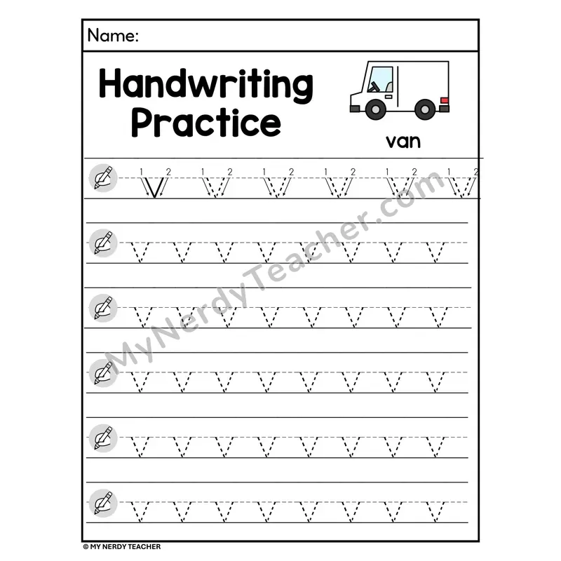 Lowercase Letter v Handwriting Practice Worksheet