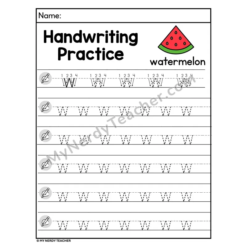 Lowercase Letter w Handwriting Practice Worksheet