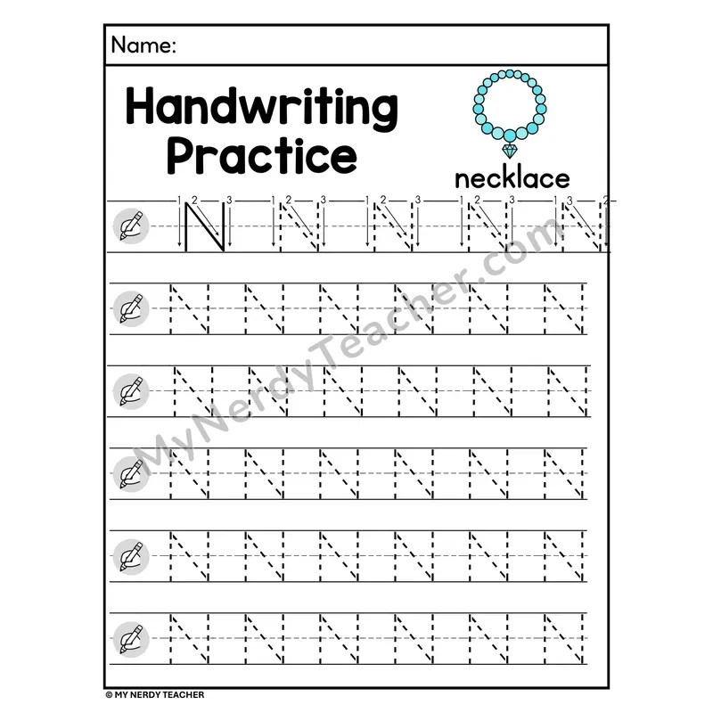 Uppercase Letter N Handwriting Practice Worksheet