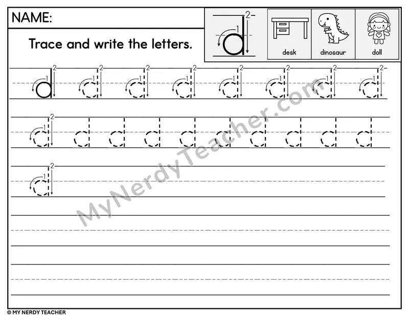 Lowercase d Tracing and Writing — Stroke Order Practice