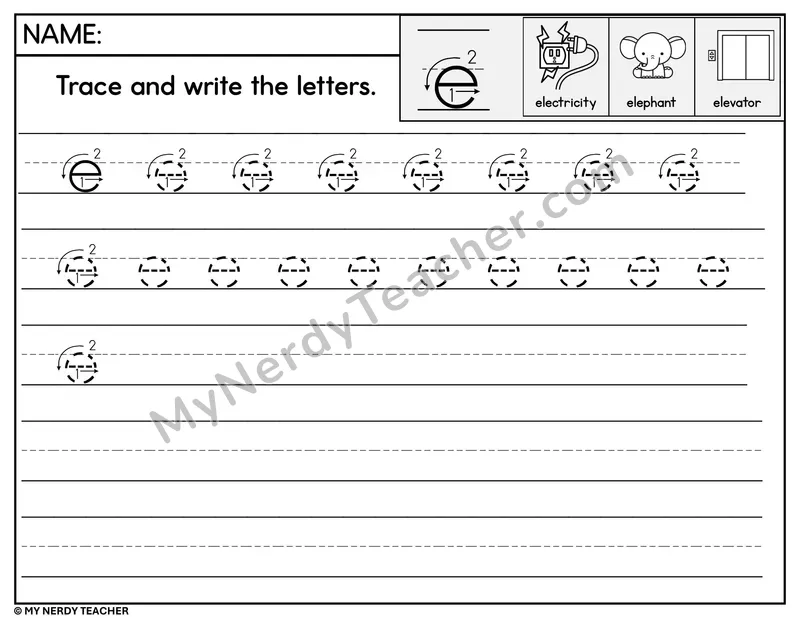 Lowercase e Tracing and Writing — Stroke Order Practice