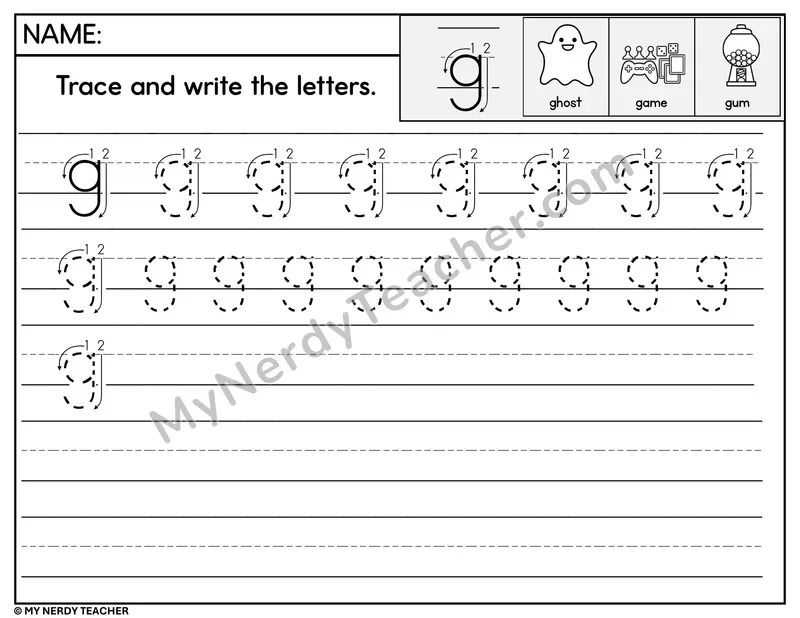 Lowercase g Tracing and Writing — Stroke Order Practice