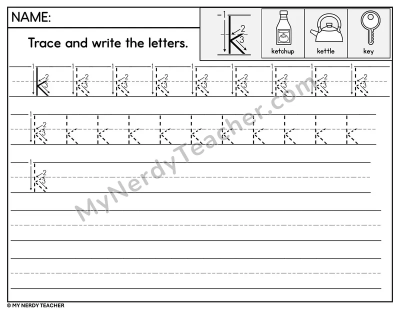 Lowercase k Tracing and Writing — Stroke Order Practice
