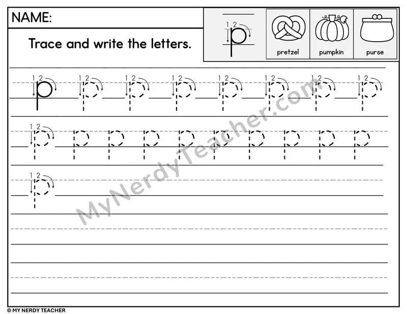 Lowercase p Tracing and Writing — Stroke Order Practice