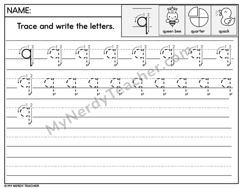 Lowercase q Tracing and Writing — Stroke Order Practice
