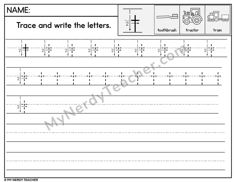 Lowercase t Tracing and Writing — Stroke Order Practice