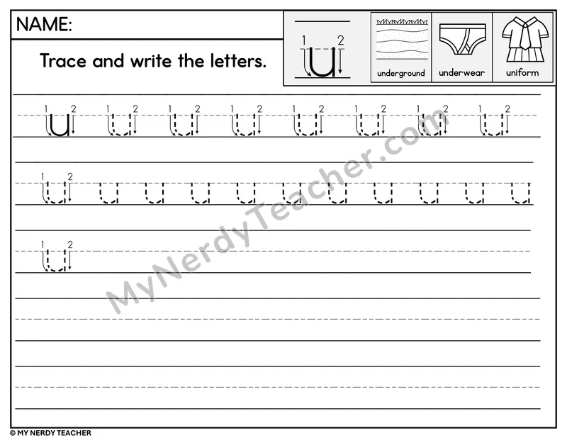 Lowercase u Tracing and Writing — Stroke Order Practice