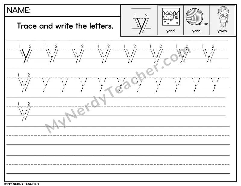 Lowercase y Tracing and Writing — Stroke Order Practice