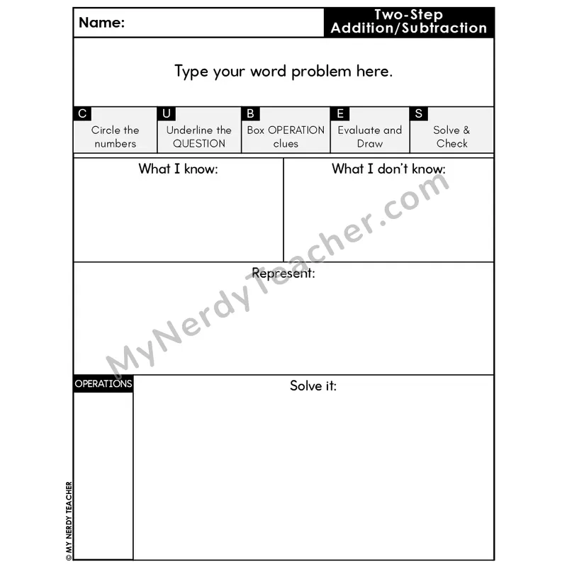 Two-Step Add & Subtract Editable Word Problem Template #2 — Blank Operation Area