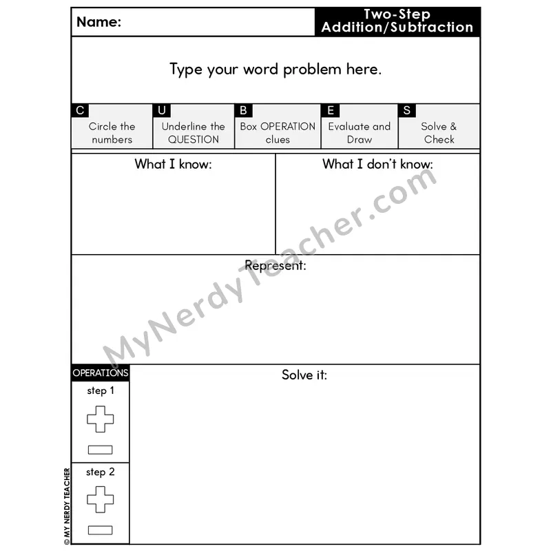 Two-Step Add & Subtract Editable Word Problem Template #3 — With Operation Icons