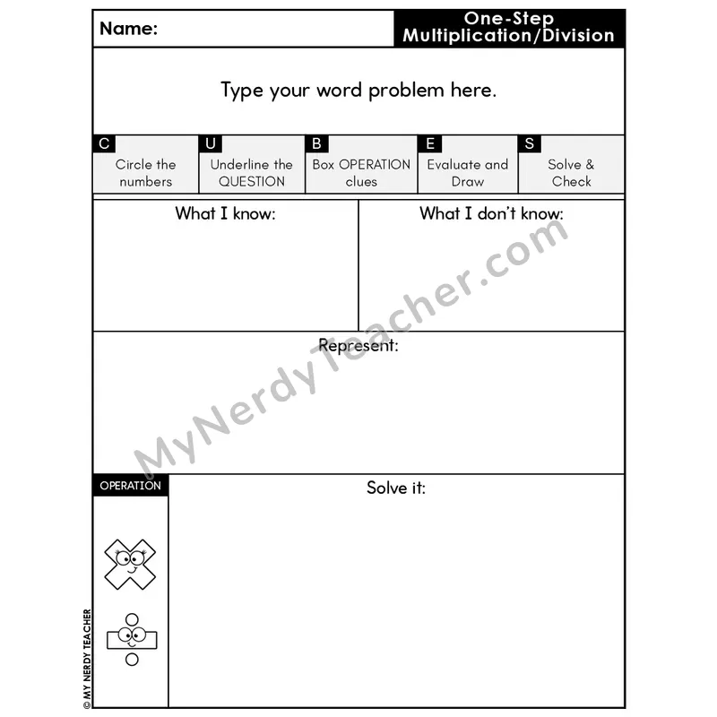 One-Step Mult & Divide Editable Word Problem Template #4 — With Operation Icons