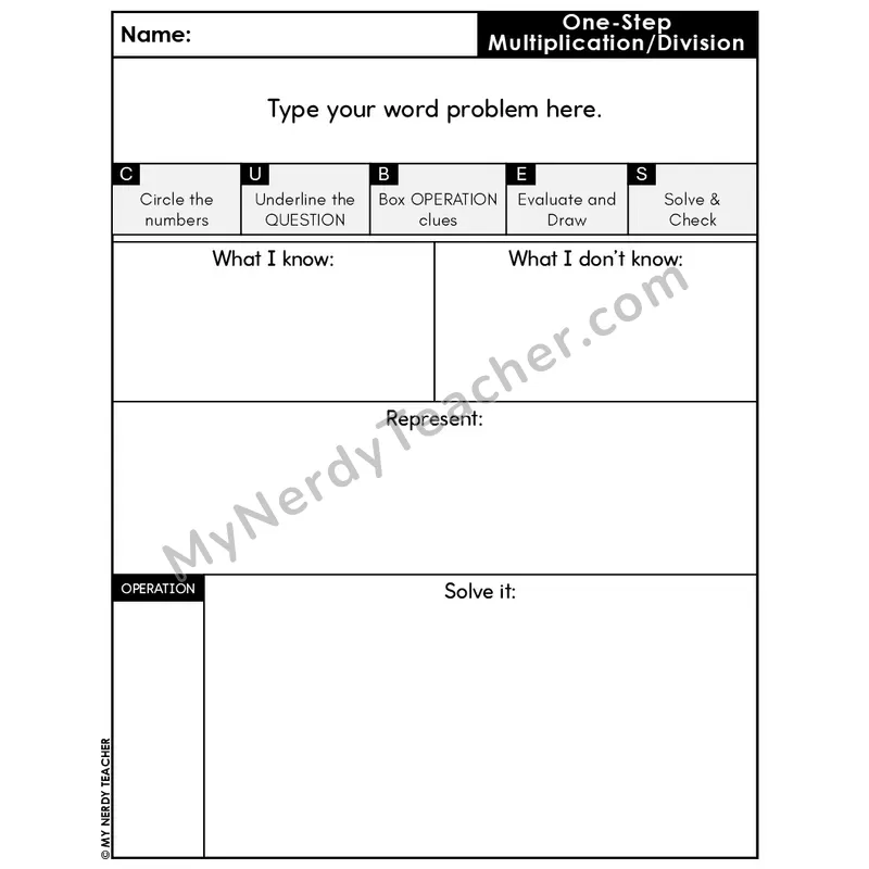 One-Step Mult & Divide Editable Word Problem Template #6 — Blank Operation Area