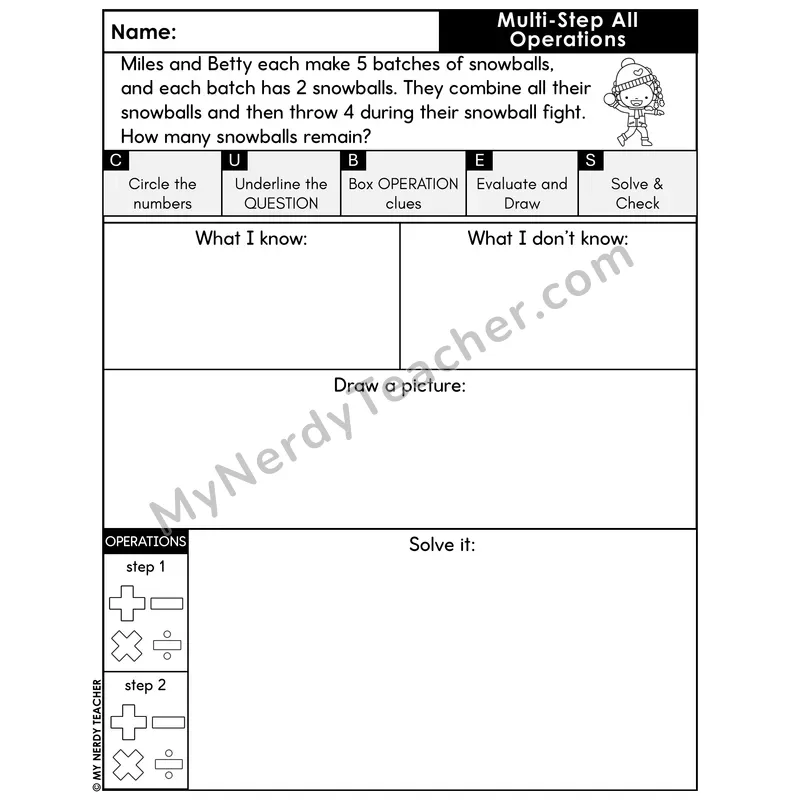 Multi-Step Word Problem #9 — Winter Math Printable CUBES