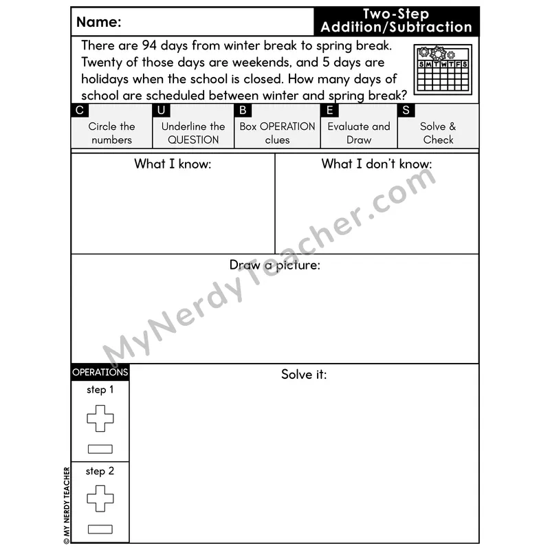 Two-Step Add & Subtract Word Problem #8 — Winter Math Printable CUBES