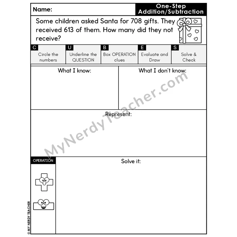 One-Step Subtraction Word Problem #4 — Christmas Math Editable CUBES