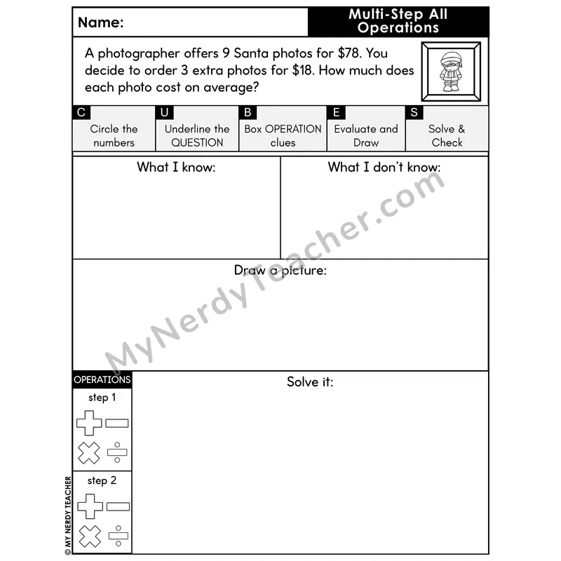 Multi-Step Word Problem #9 — Christmas Math Printable CUBES