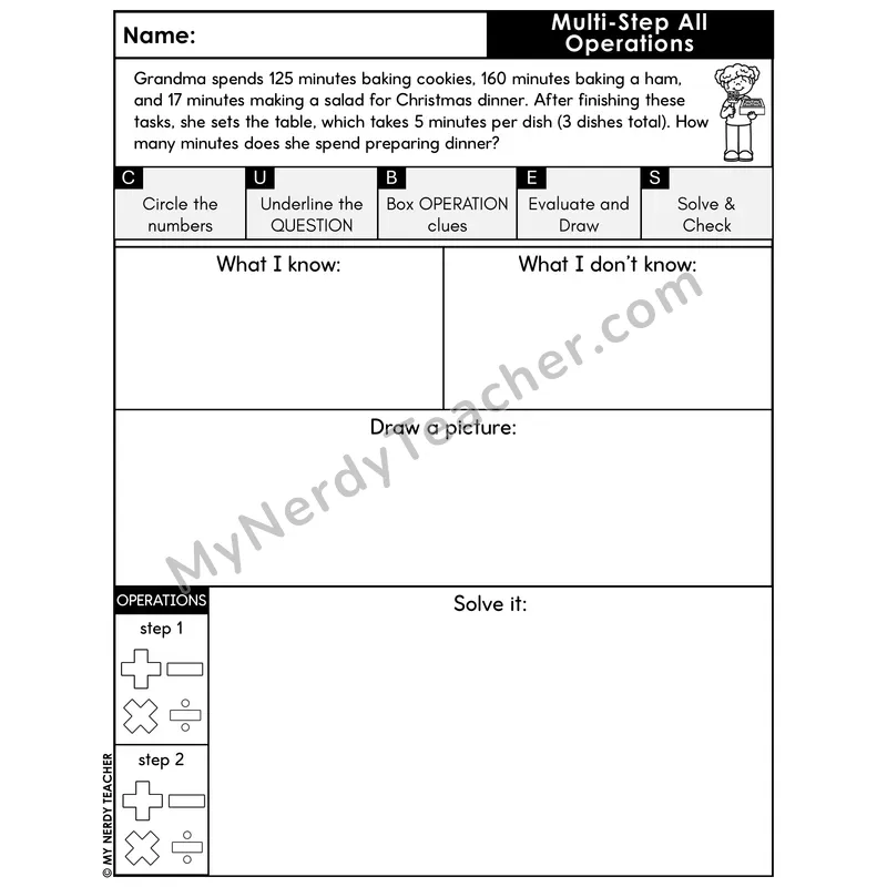 Multi-Step Word Problem #4 — Christmas Math Printable CUBES