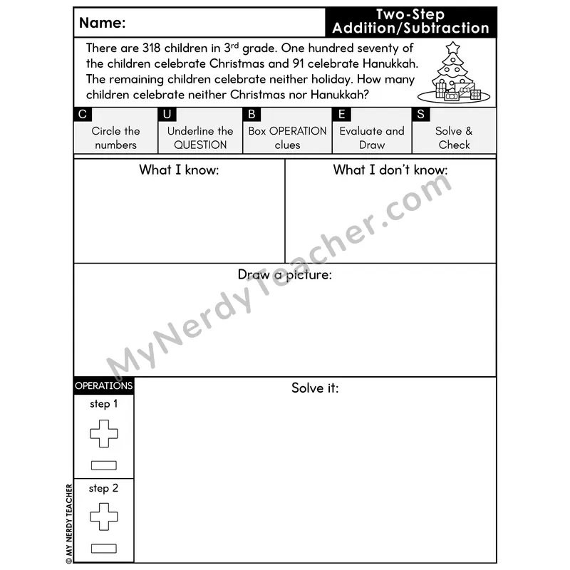 Two-Step Add & Subtract Word Problem #6 — Christmas Math Printable CUBES