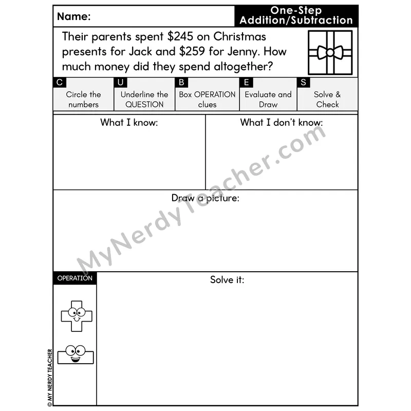 One-Step Addition Word Problem #2 — Christmas Math Printable CUBES