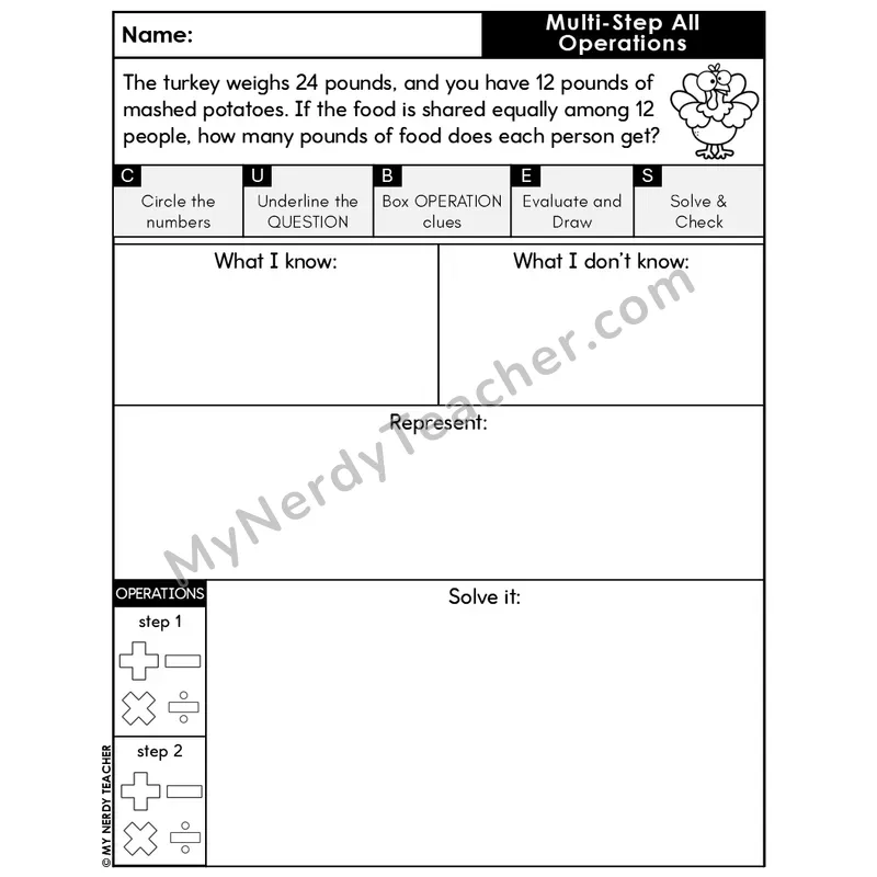 Multi-Step Word Problem #10 — Thanksgiving Math Editable CUBES