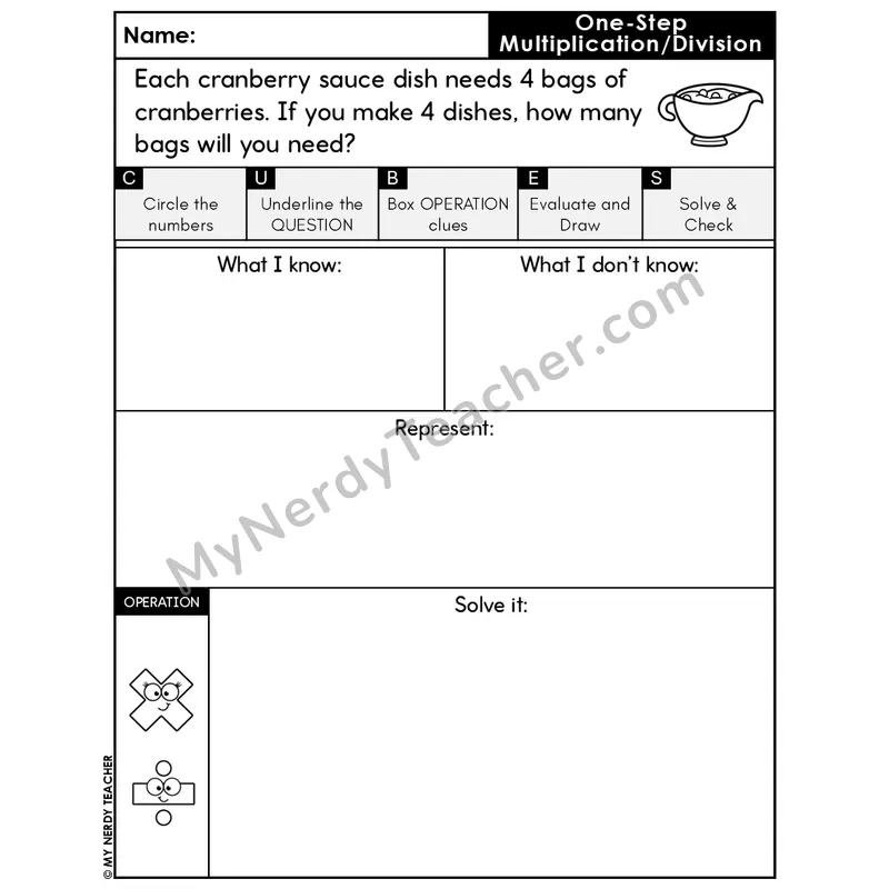 One-Step Multiplication Word Problem #7 — Thanksgiving Math Editable CUBES