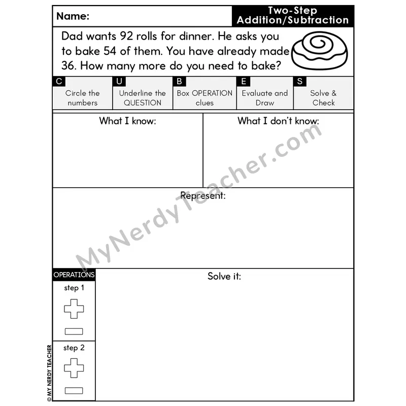Two-Step Add & Subtract Word Problem #8 — Thanksgiving Math Editable CUBES