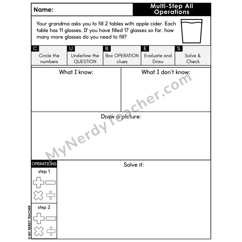 Multi-Step Word Problem #9 — Thanksgiving Math Printable CUBES