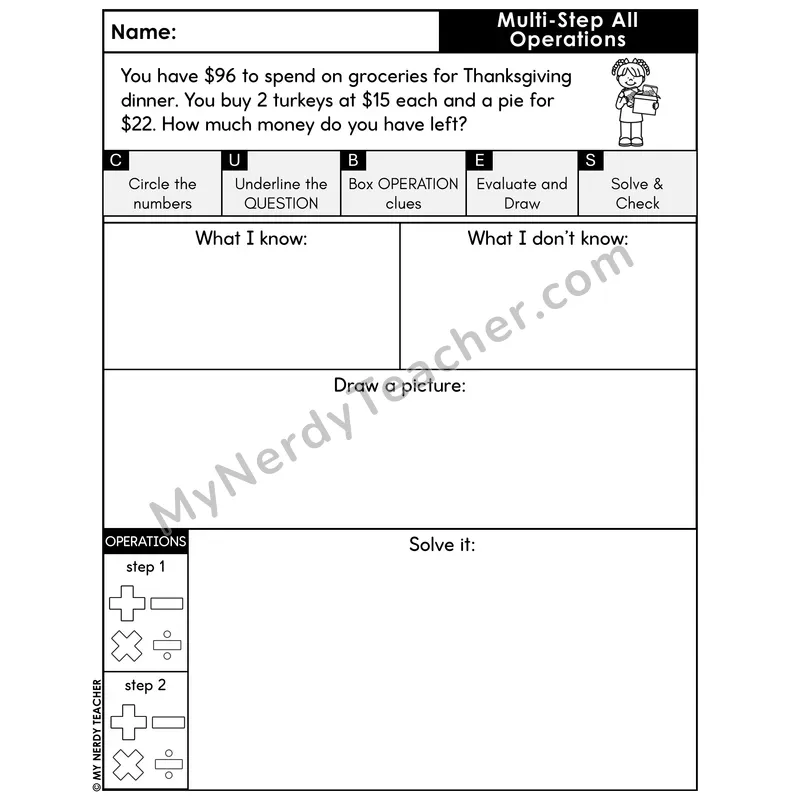 Multi-Step Word Problem #1 — Thanksgiving Math Printable CUBES