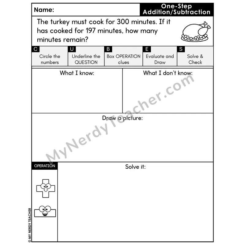 One-Step Subtraction Word Problem #9 — Thanksgiving Math Printable CUBES