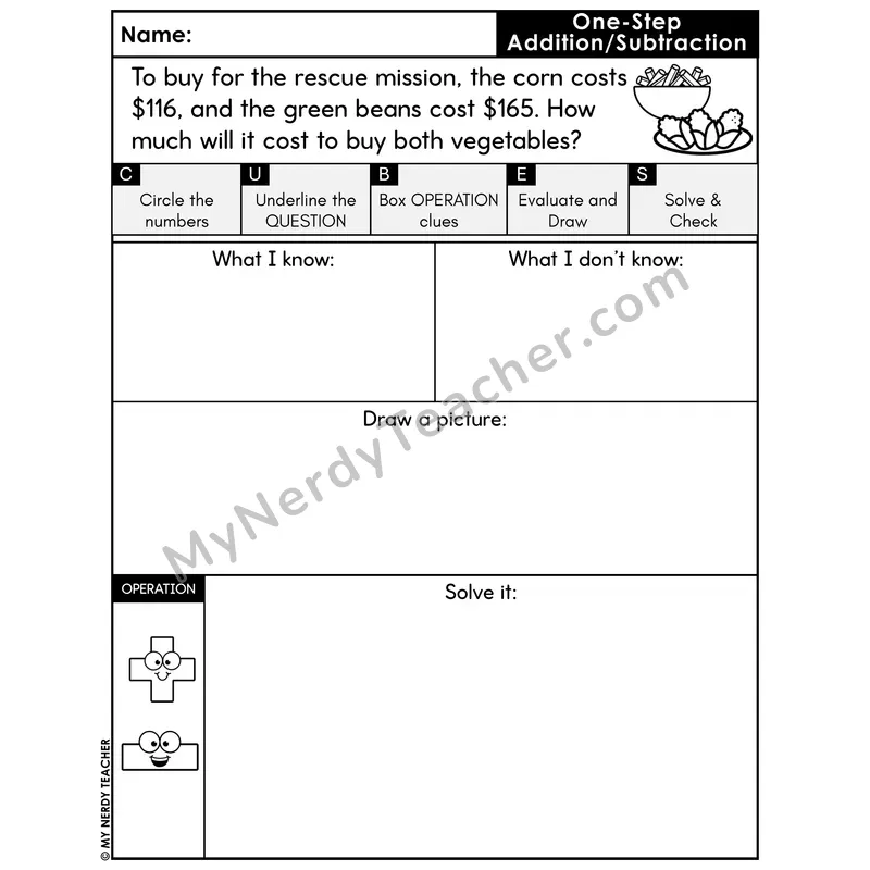 One-Step Addition Word Problem #7 — Thanksgiving Math Printable CUBES