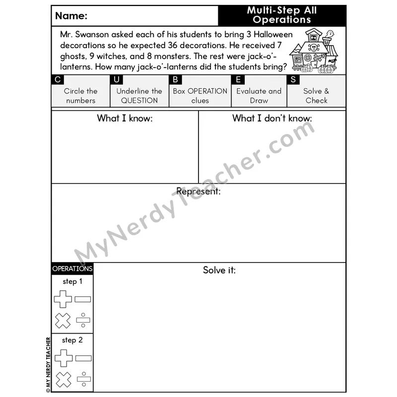 Multi-Step Word Problem #8 — Halloween Math Editable CUBES