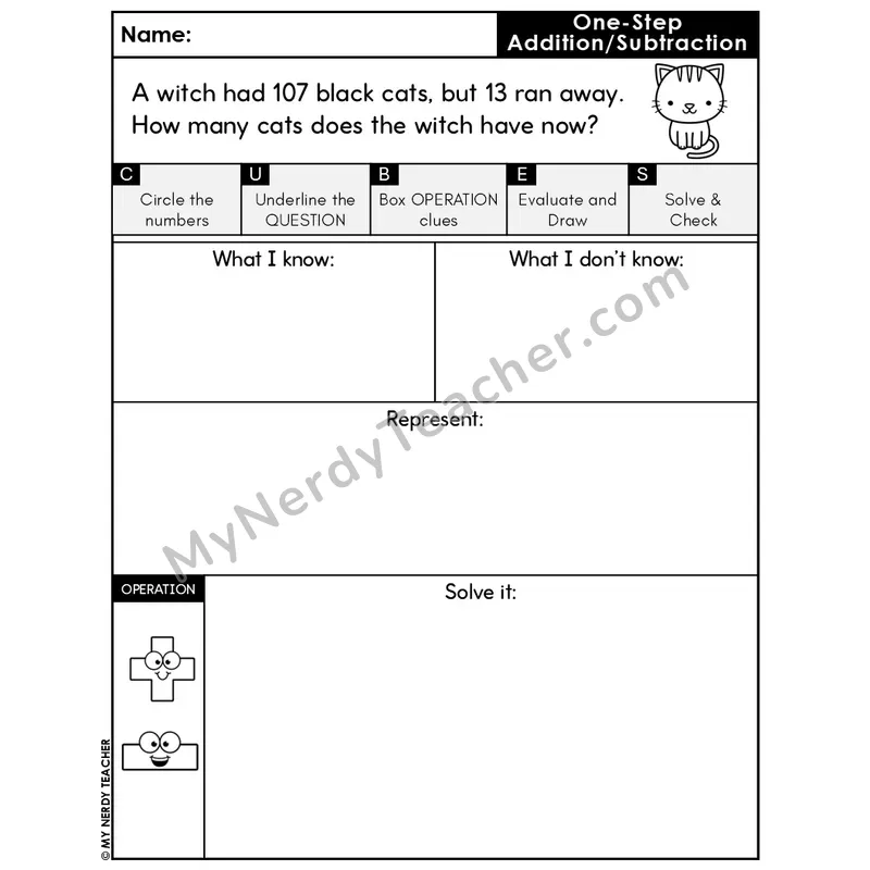 One-Step Subtraction Word Problem #3 — Halloween Math Editable CUBES