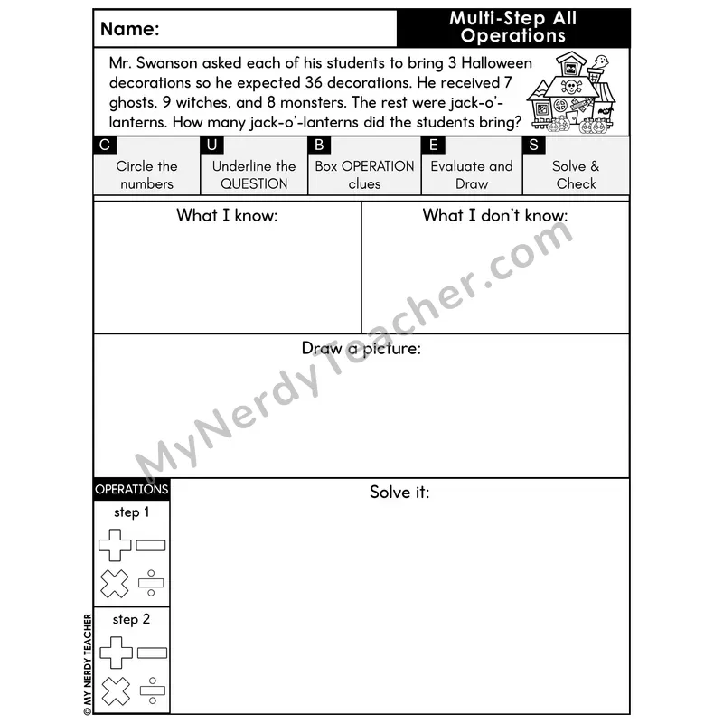 Multi-Step Word Problem #8 — Halloween Math Printable CUBES
