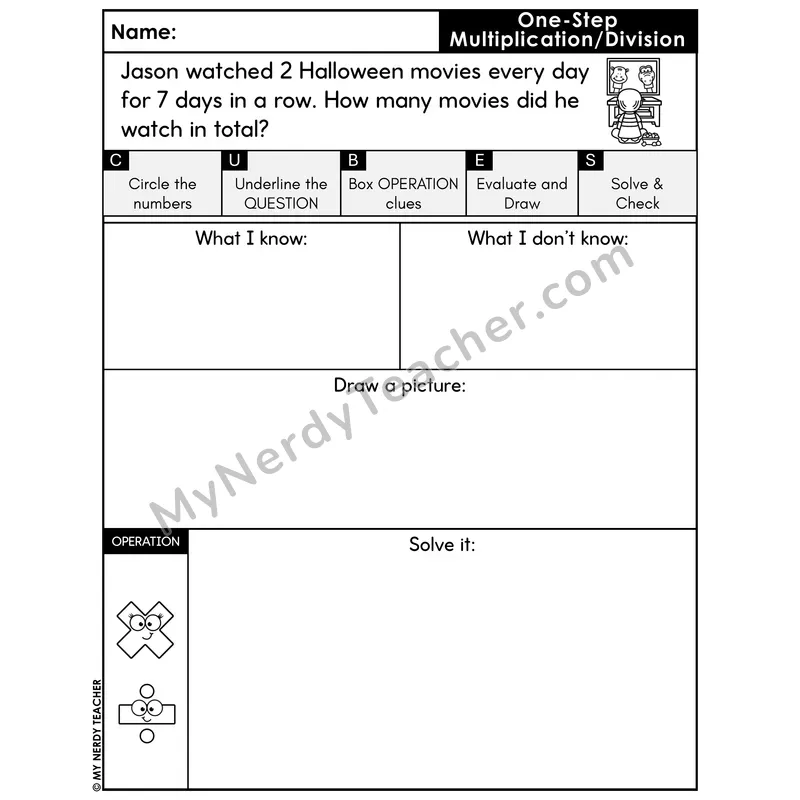 One-Step Multiplication Word Problem #1 — Halloween Math Printable CUBES