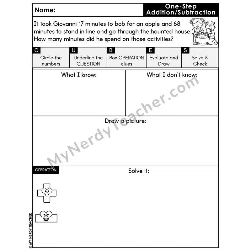 One-Step Addition Word Problem #2 — Halloween Math Printable CUBES