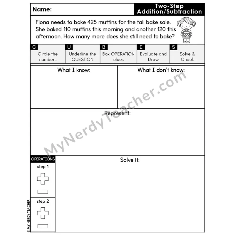 Two-Step Add & Subtract Word Problem #9 — Fall Math Editable CUBES