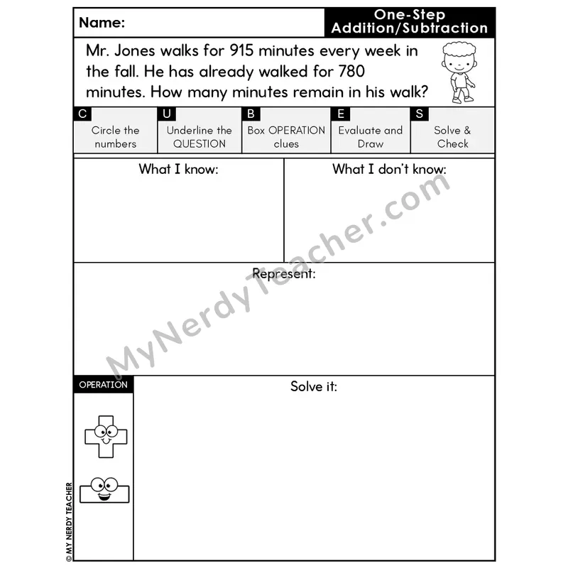 One-Step Subtraction Word Problem #5 — Fall Math Editable CUBES
