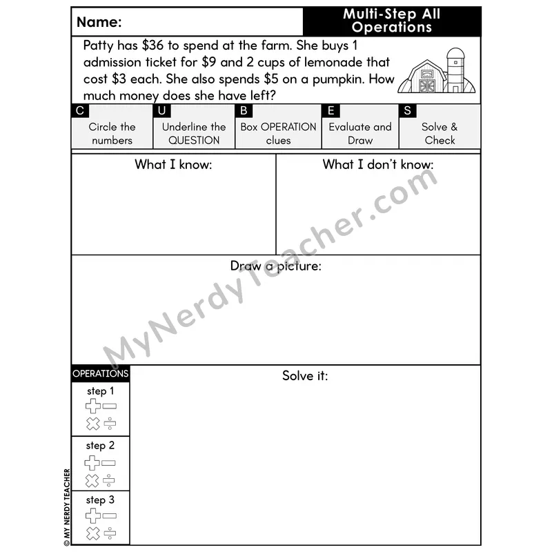 Multi-Step Word Problem #3 — Fall Math Printable CUBES