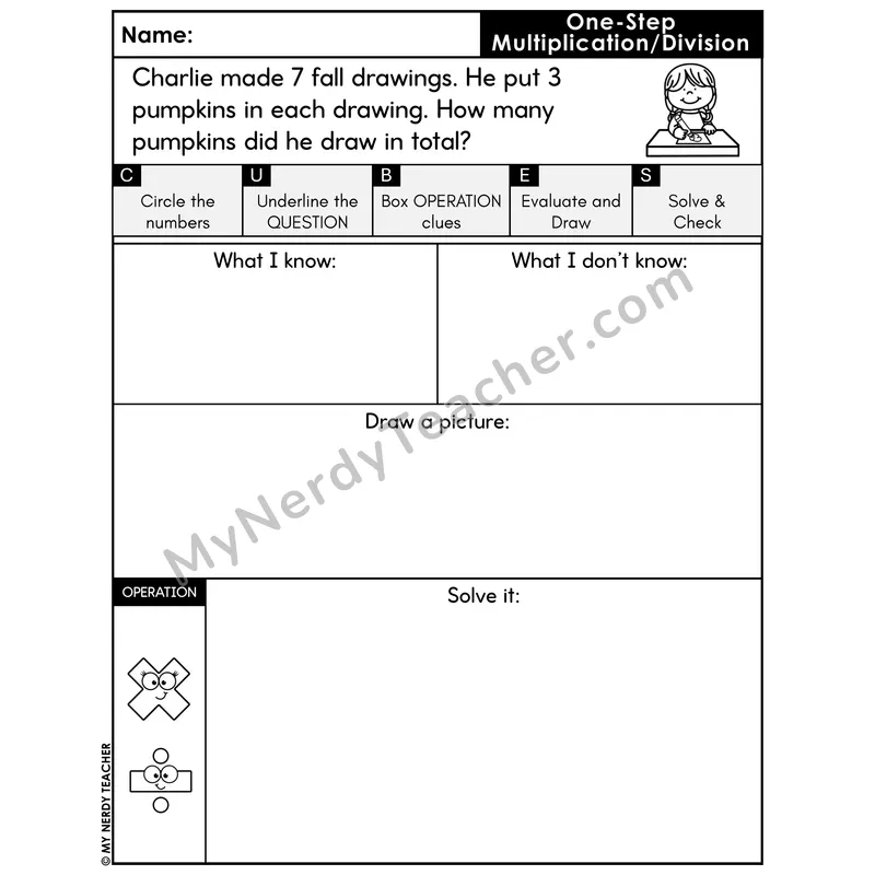 One-Step Multiplication Word Problem #4 — Fall Math Printable CUBES