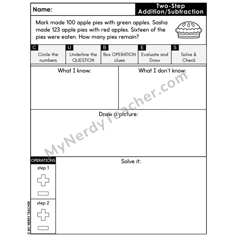 Two-Step Add & Subtract Word Problem #8 — Fall Math Printable CUBES