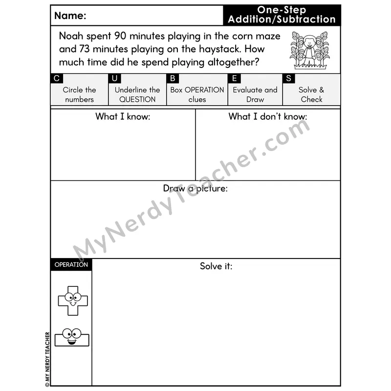 One-Step Addition Word Problem #9 — Fall Math Printable CUBES