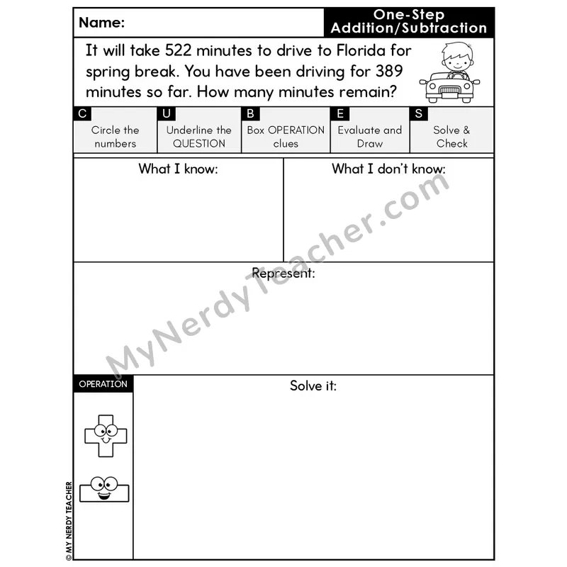One-Step Subtraction Word Problem #7 — Spring Math Editable CUBES