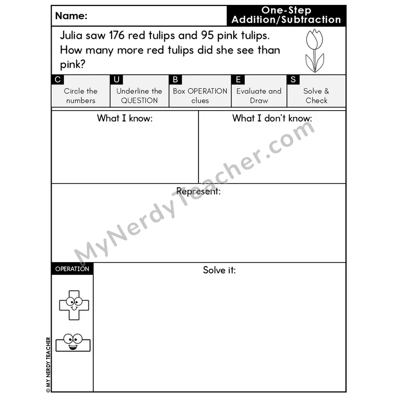 One-Step Subtraction Word Problem #5 — Spring Math Editable CUBES