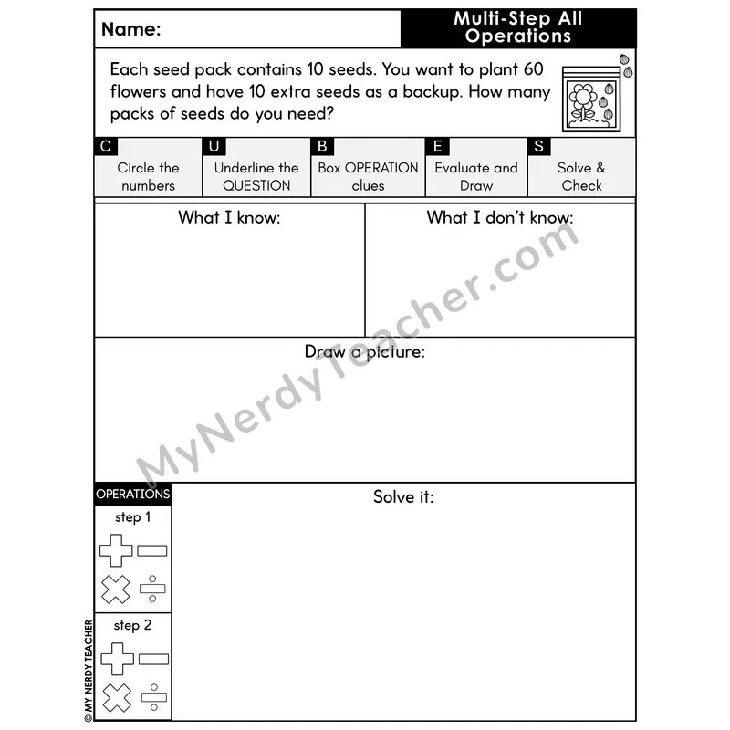 Multi-Step Word Problem #5 — Spring Math Printable CUBES
