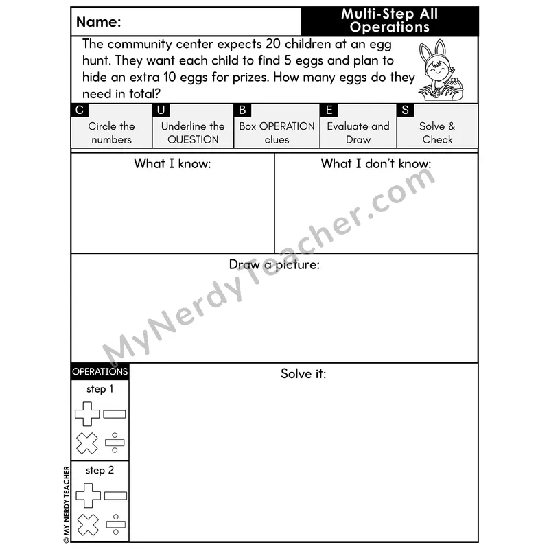 Multi-Step Word Problem #2 — Spring Math Printable CUBES