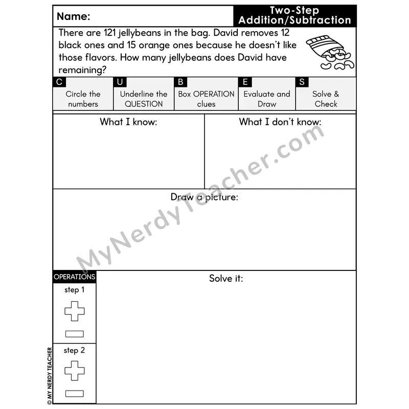 Two-Step Add & Subtract Word Problem #5 — Spring Math Printable CUBES