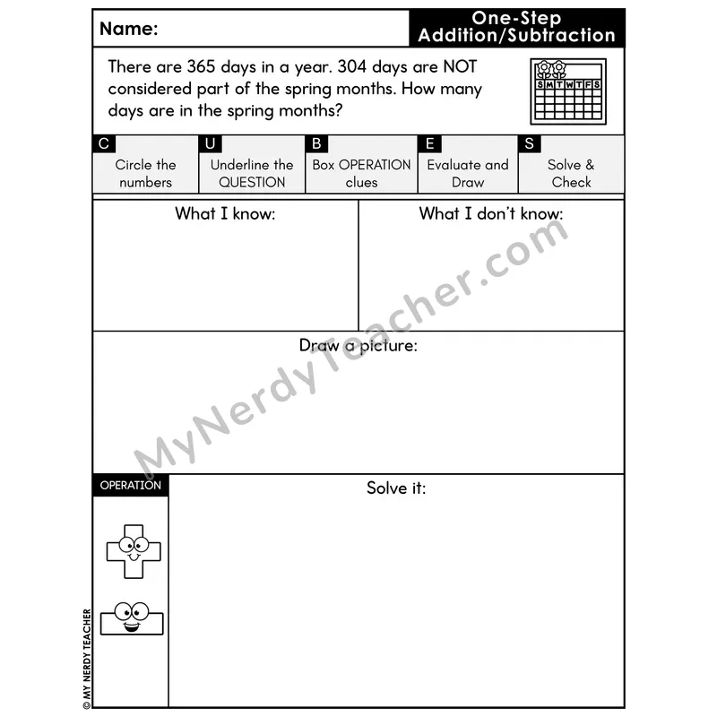 One-Step Subtraction Word Problem #1 — Spring Math Printable CUBES