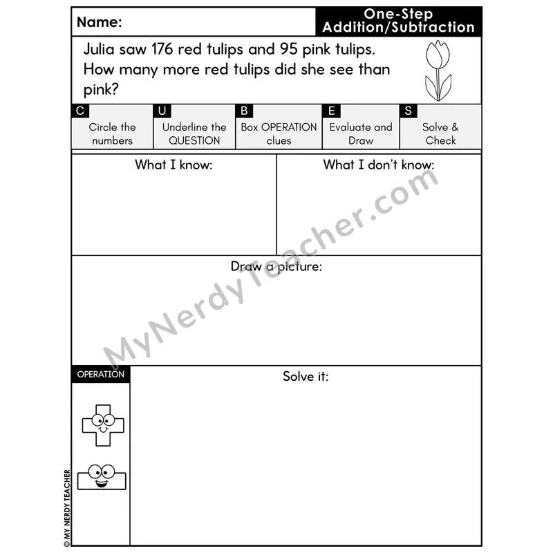 One-Step Subtraction Word Problem #5 — Spring Math Printable CUBES