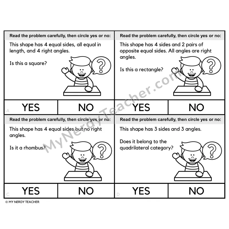 Shape Attributes Yes or No Task Cards — Black and White
