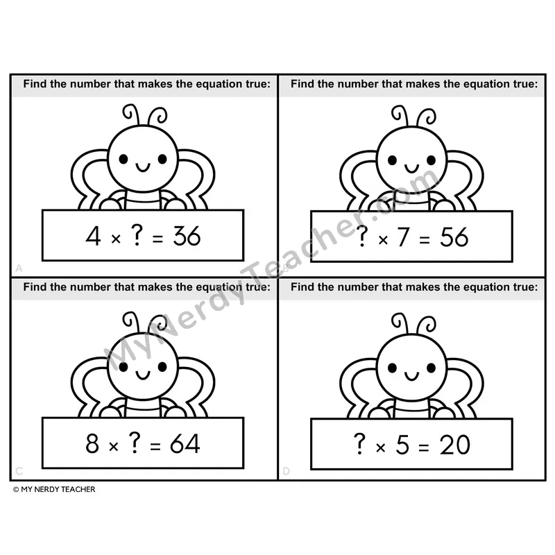 Find the Unknown Factor Task Cards — Black and White